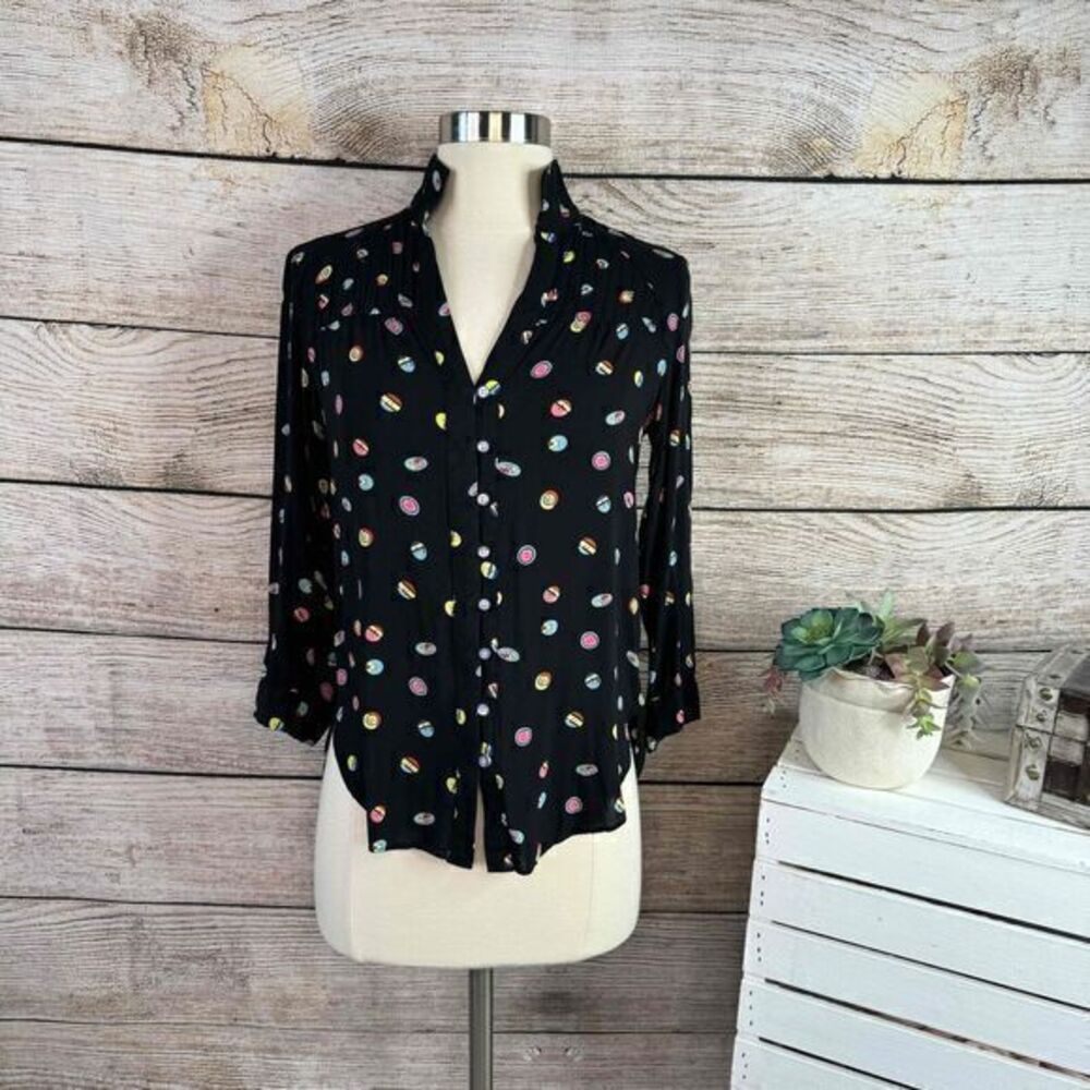 Anthropologie Black Long Sleeve Collared Printed Blouse Size US 0